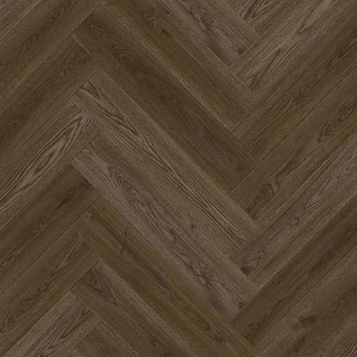 Close-up of Dark Norwegian herringbone LVT plank with dark brown tones and fine grain.