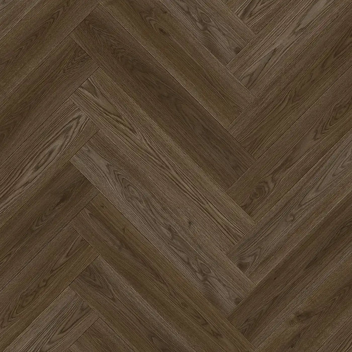 Close-up of Dark Norwegian herringbone LVT plank with dark brown tones and fine grain.