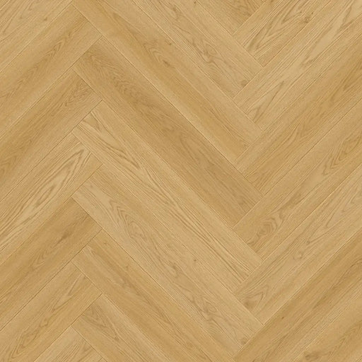 Close-up of Warm Norwegian herringbone LVT plank showing warm brown tones and bevel detail.