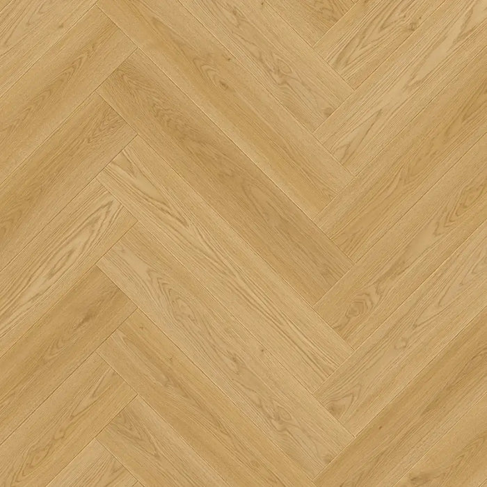 Close-up of Warm Norwegian herringbone LVT plank showing warm brown tones and bevel detail.