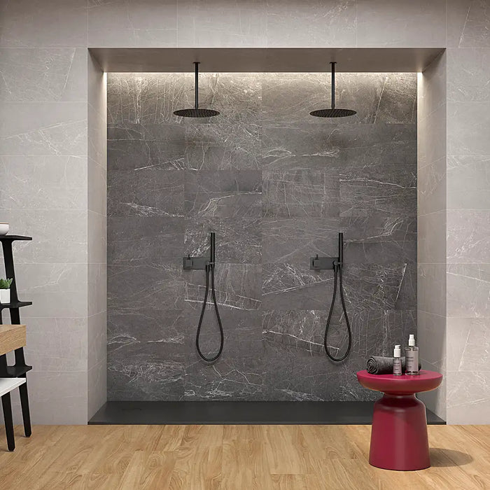 Bathroom interior with Persa Marengo 33.3x55 wall tiles, creating a bold and elegant grey wall finish.