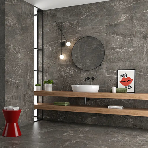 Bathroom interior with Persa Marengo 33.3x55 wall tiles, creating a bold and elegant grey wall finish.