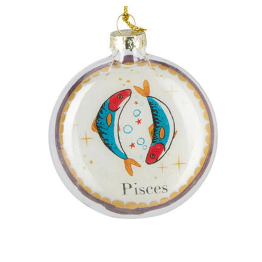Close-up of Pisces Zodiac Christmas bauble highlighting zodiac artwork and glossy texture.