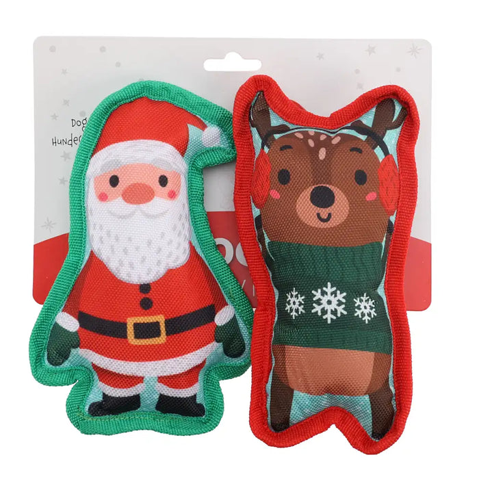 Close-up of soft Christmas plush dog toys showing detailed stitching and squeaky design.