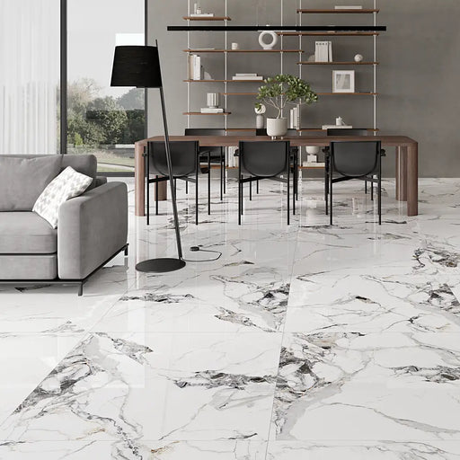 Elegant interior featuring Polaris White Polished tiles with a bright white base and delicate veining.