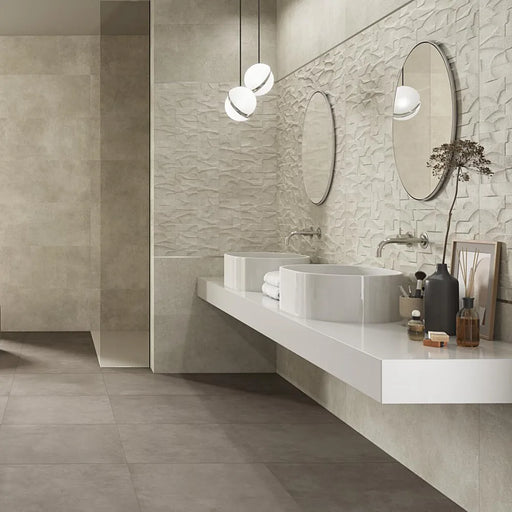 Bathroom area highlighted with RLV Vita Arena textured wall tiles in beige.