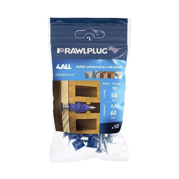 Rawlplug 4ALL universal plug 10mm with screws bag of 10 for fixing in solid and hollow substrates