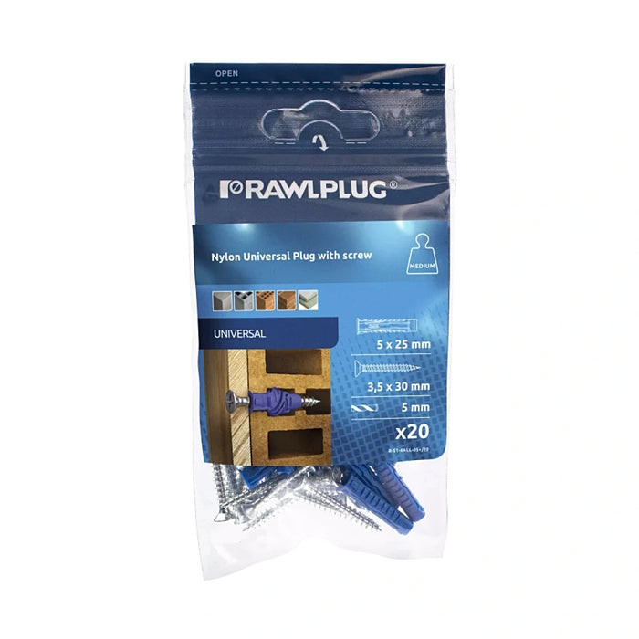 Rawlplug 4ALL universal plug 5mm with screws bag of 20 for fixing in solid and hollow substrates