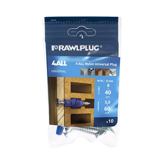 Rawlplug 4ALL universal plug 8mm with screws bag of 10 for fixing in solid and hollow substrates