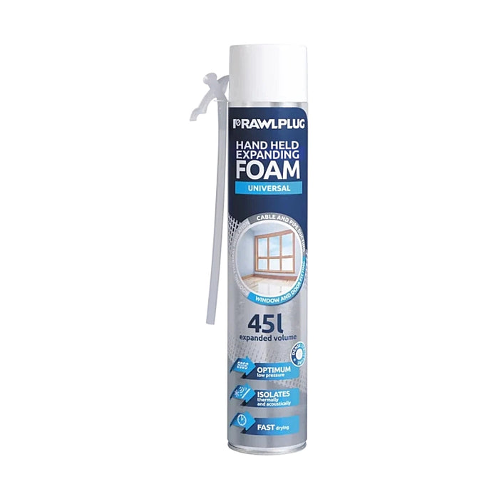 Rawlplug hand held polyurethane foam 750ml with hose applicator for mounting sealing and soundproofing