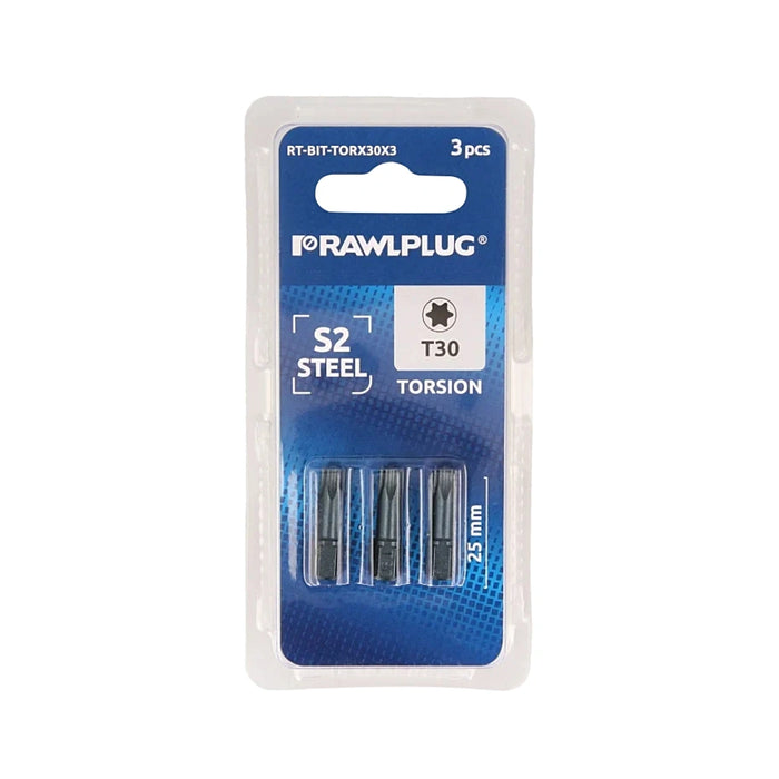 Rawlplug Torsion Torx30 T30 bits 25mm pack of 3 for installation work and screwdriving