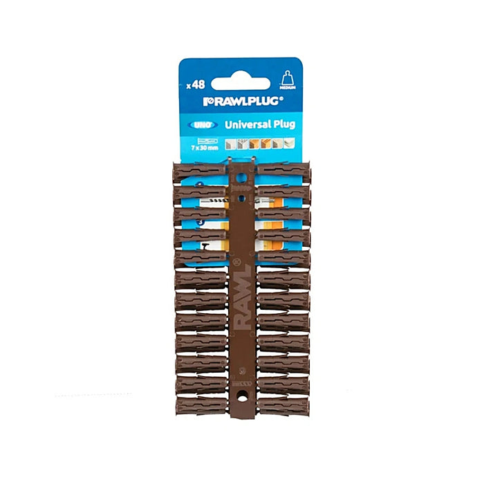 Rawlplug UNO universal plug clips brown 7mm pack of 48 for fixing in solid and hollow substrates