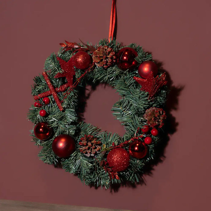 Red Bauble & Glitter Pinecone Wreath