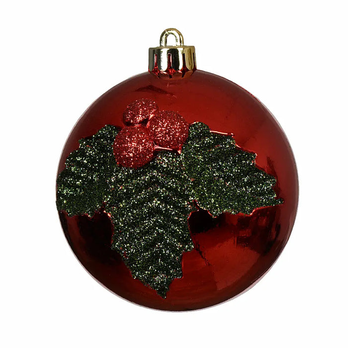 Red Bauble with Holly Leaf & Berries