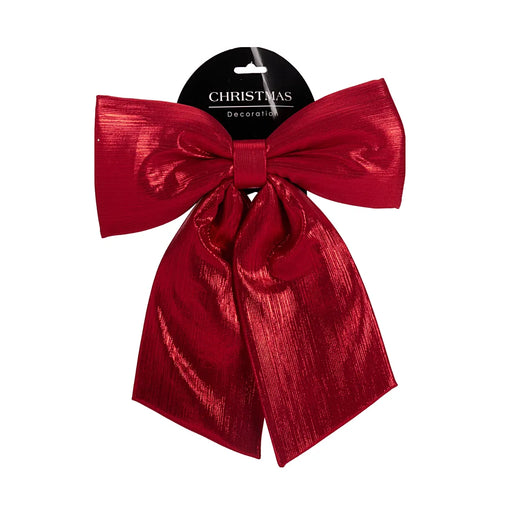 Close-up of Red Christmas Bow showing vibrant red fabric and neatly tied shape.