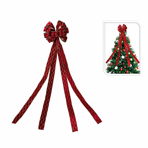 Close-up of red tree top bow highlighting smooth velvet texture.