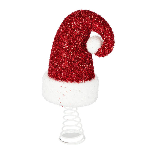 Close-up of Red Glitter Christmas Hat Tree Topper showing sparkling glitter surface and detailed hat shape.