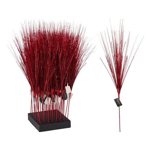 Close-up of red iridescent spiral branch showing twisted shape and shimmering finish.