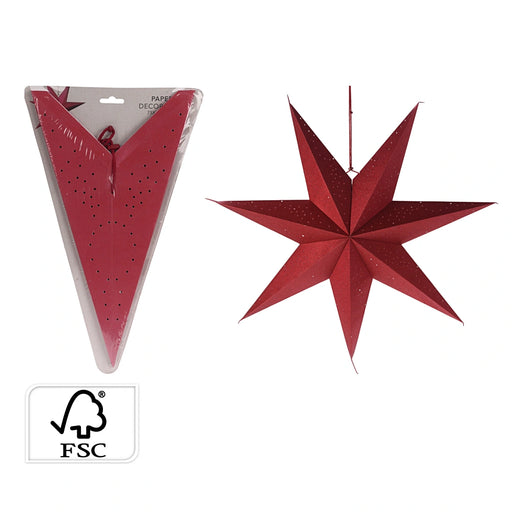 Close-up of folded red paper star showing layered points and textured paper detail.