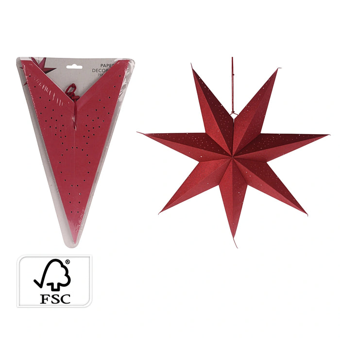 Close-up of folded red paper star showing layered points and textured paper detail.