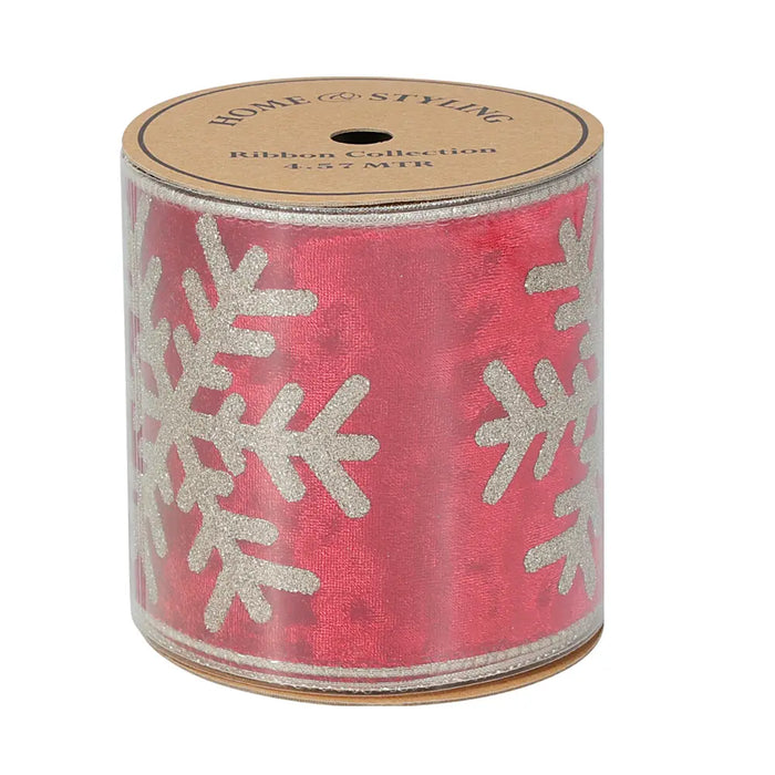 Close-up of red ribbon showing detailed snowflake print.