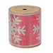 Close-up of red ribbon showing detailed snowflake print.