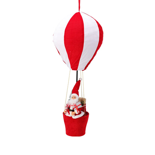 Close-up of red and white striped balloon ornament with Santa figure hanging below.