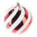 Close-up of red and white striped Christmas bauble showing glossy finish and candy-cane pattern.