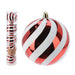 Close-up of red and white striped Christmas bauble showing glossy finish and candy cane pattern.