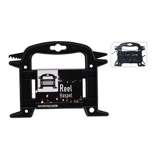 Close-up of Christmas light reel showing neatly wound lights around the plastic spool.