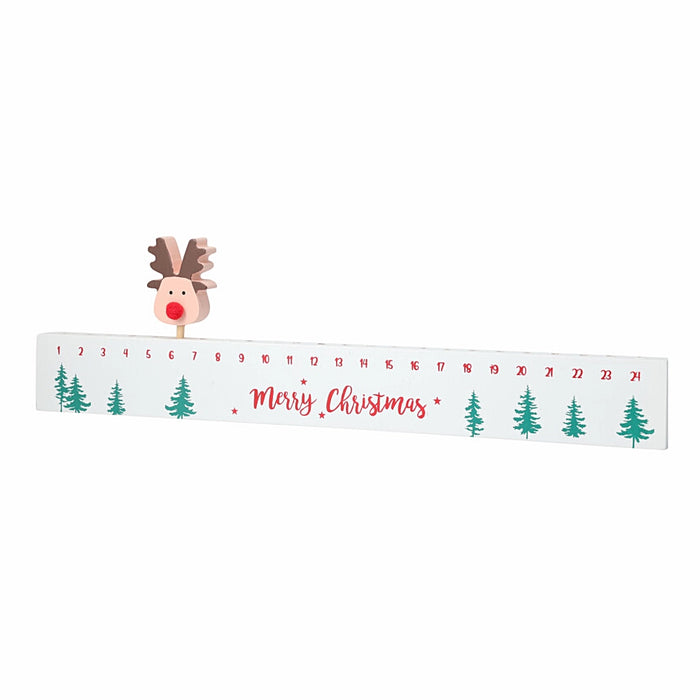 Close-up of reindeer white advent calendar showing reindeer design and numbered drawers.