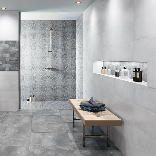 Bathroom wall with Rue De Paris Blanco tiles, creating a fresh and modern space.
