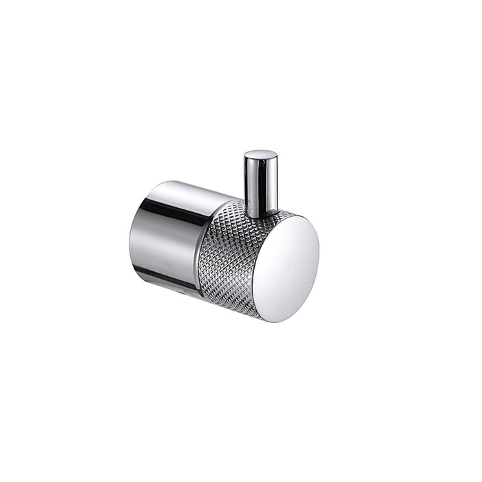 Close-up of Santorini Chrome Robe Hook showing reflective chrome surface and minimalist shape.