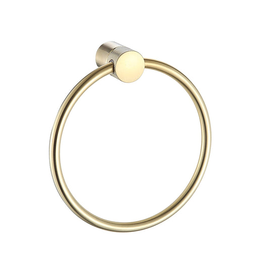 Close-up of Santorini Gold Towel Ring showing smooth metallic gold finish and solid design.