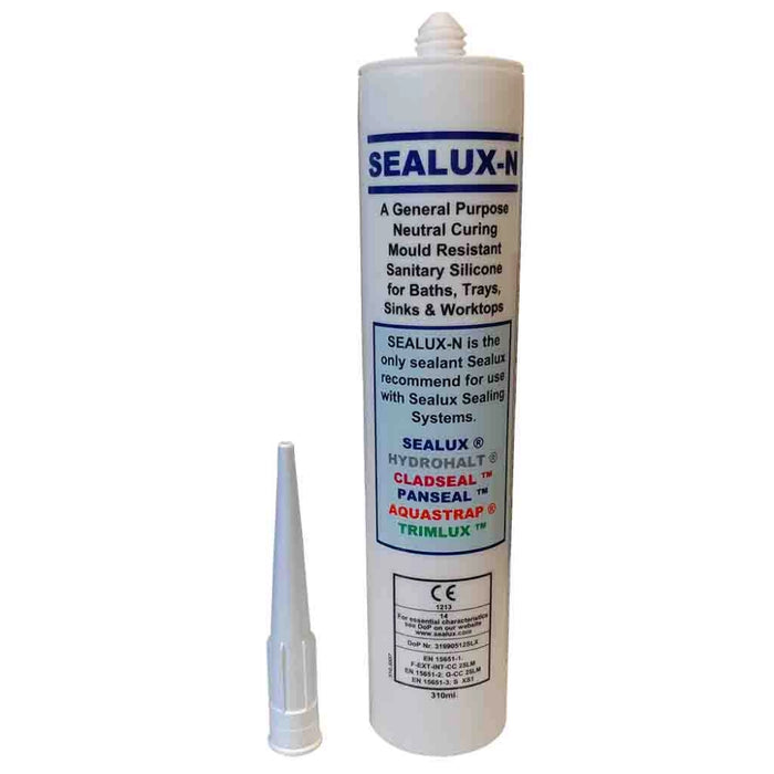 Sealux-N Silicone Sealant White – sanitary grade, mould-resistant silicone for baths, showers, sinks, and worktops.