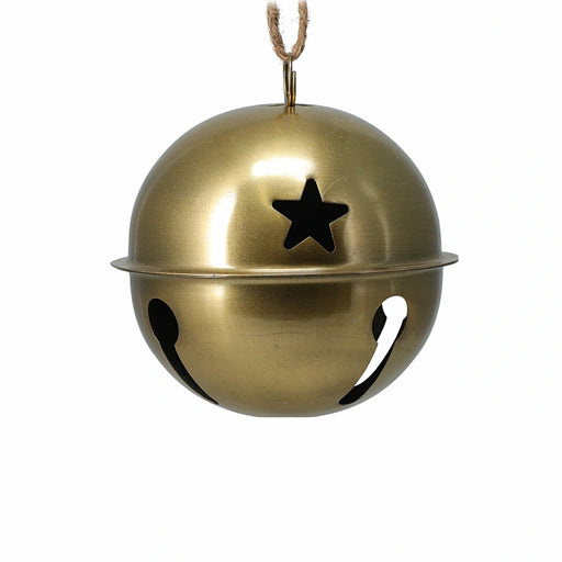 Close-up of shiny gold bell decoration showing reflective metallic surface and hanging loop.