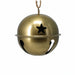 Close-up of shiny gold bell decoration showing reflective metallic surface and hanging loop.