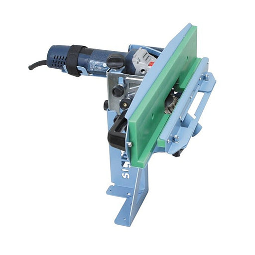 Sigma bench fixing kit accessory for Jolly Edge cutter mounted vertically on a workbench for skirting tiles