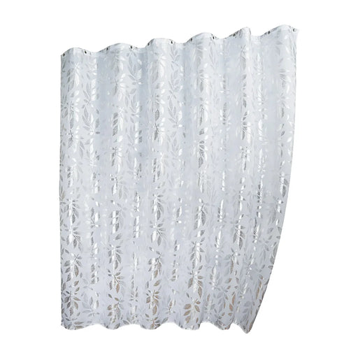 White shower curtain with silver foil print design