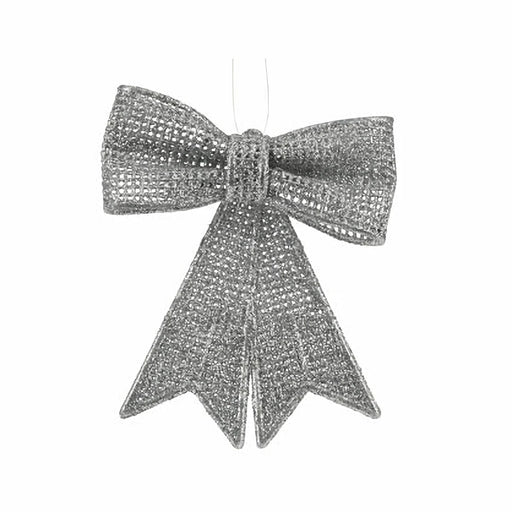 Close-up of Silver Hanging Glitter Bow showing glitter texture and bow detail.