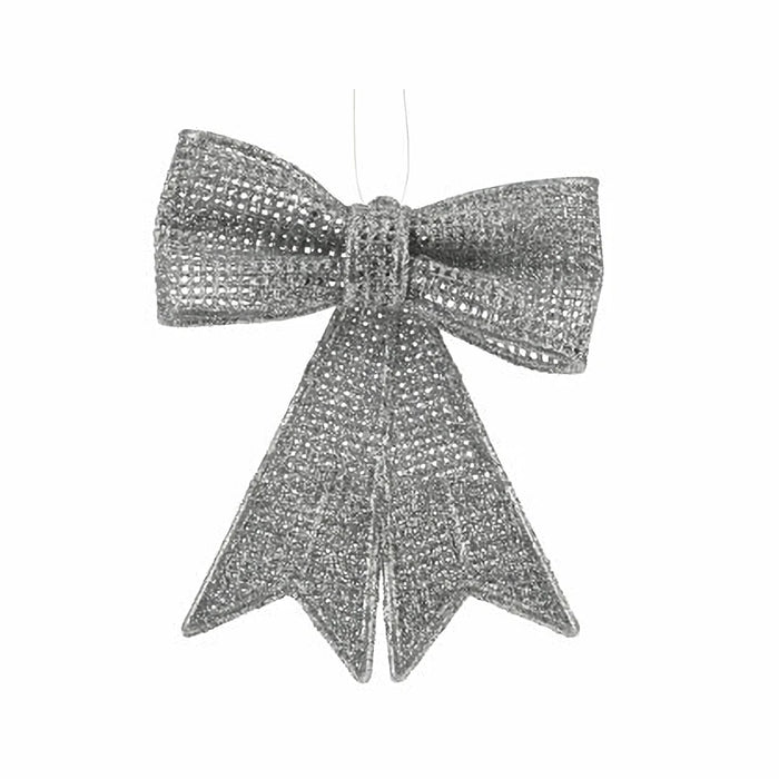 Close-up of Silver Hanging Glitter Bow showing glitter texture and bow detail.