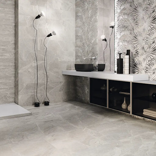 Interior space with Silver Pearl Matt Porcelain tiles on the floor, highlighting soft marble tones in a refined setting.