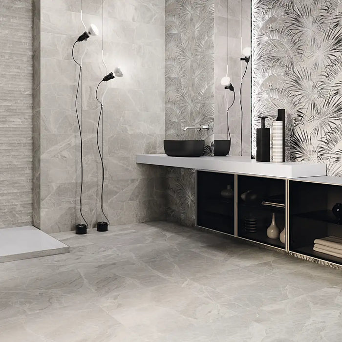 Interior space with Silver Pearl Matt Porcelain tiles on the floor, highlighting soft marble tones in a refined setting.