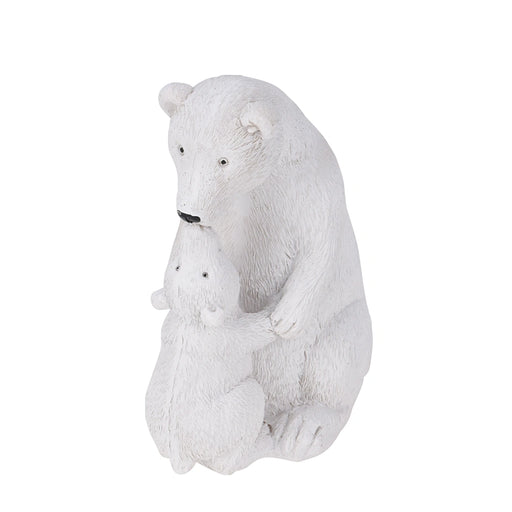 Close-up of Sitting Polar Bear With Cub Ornament showing detailed fur and cub nestled beside the parent bear.