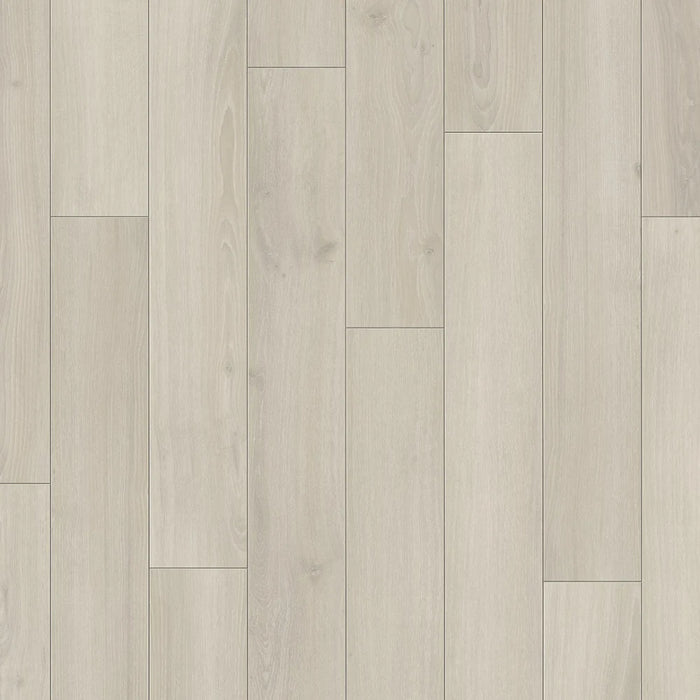 Close-up of Parador Skyline White laminate flooring, highlighting the natural oak grain and soft white tone with a matt textured finish.