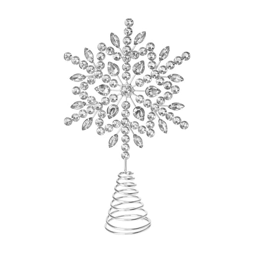 Close-up of silver snowflake tree topper showing sparkling rhinestone details and metallic finish.