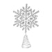 Close-up of silver snowflake tree topper showing sparkling rhinestone details and metallic finish.