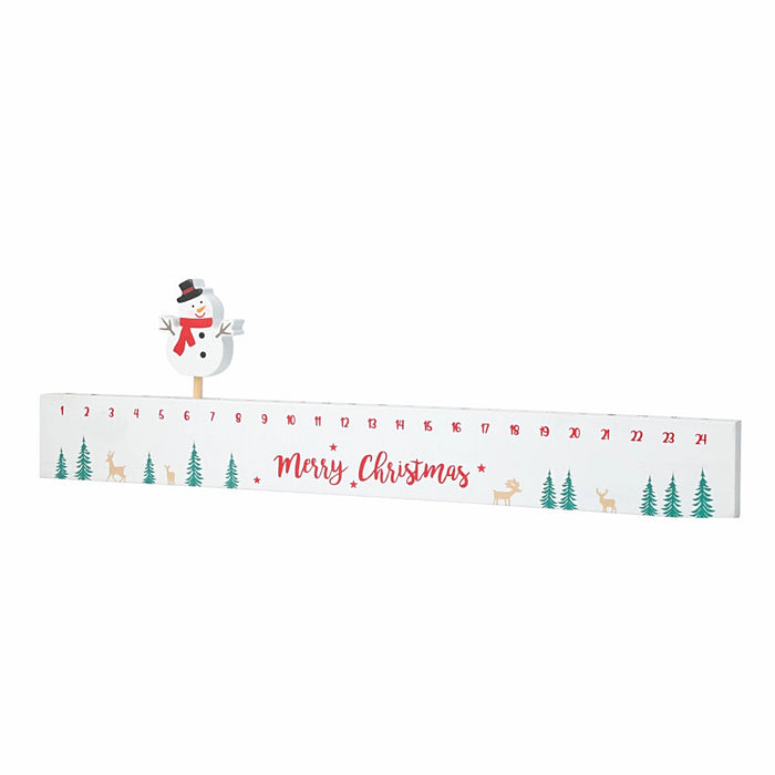 Close-up of snowman advent calendar showing painted snowman face and numbered drawers.