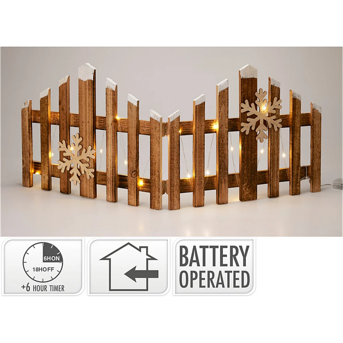 Close-up of Snowy Fence with LEDs showing snow-dusted wooden detail and LED illumination.
