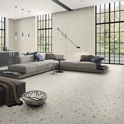 Contemporary interior with Sogno Di Gre White Porcelain tiles showcasing a soft white tone and gentle stone-like veining.